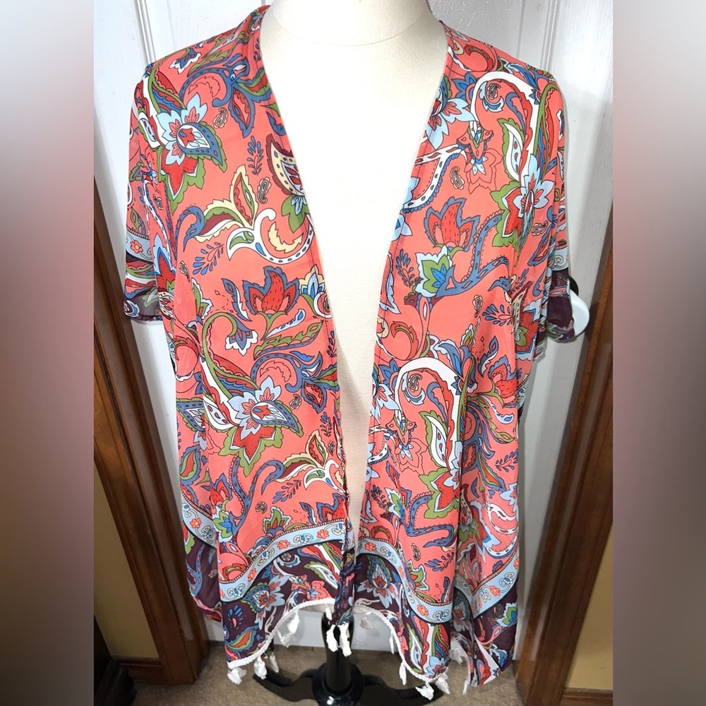 (NWOT) Boho Floral Tassel Kimono Lightweight Semi Sheer Coral/Multi One Size